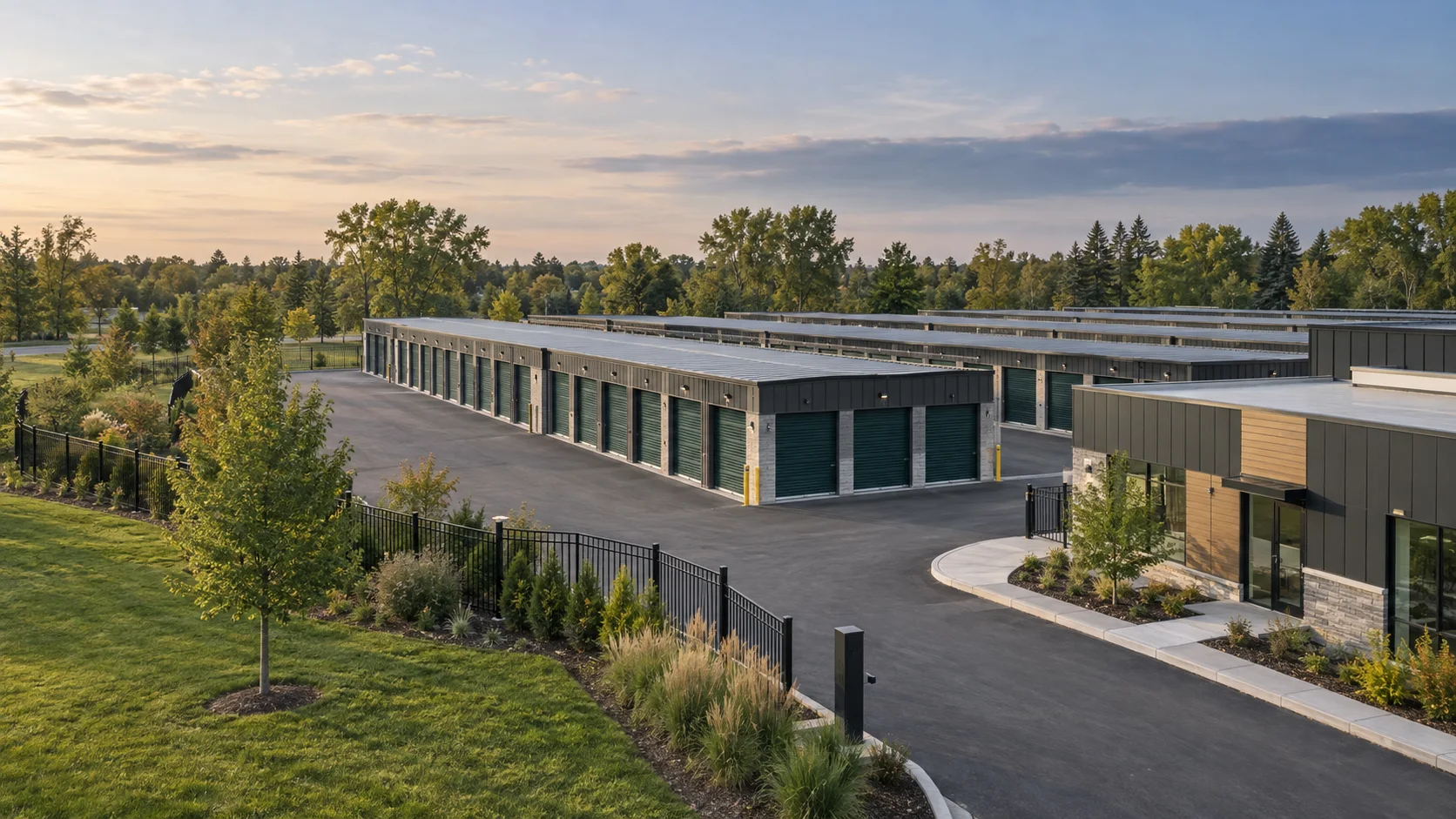 Modern self-storage buildings and management office in a landscaped setting
